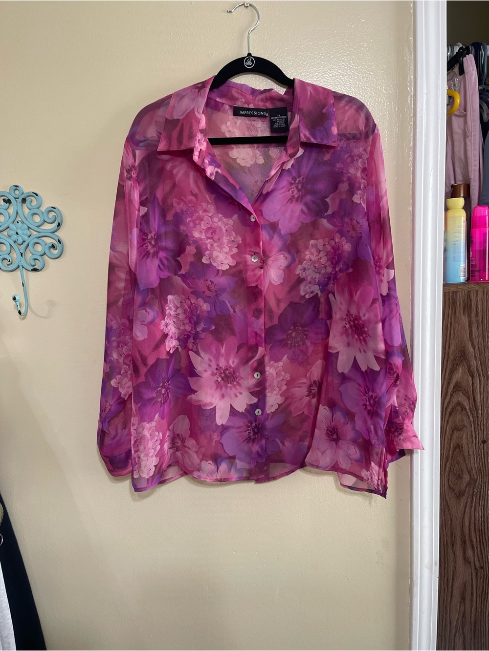 Impressions Pink & Purple Floral Sheer Button-Front Blouse